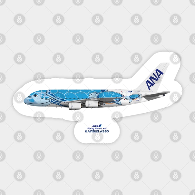 Illustration of ANA Airbus A380 - Flying Honu Lani Sticker by SteveHClark